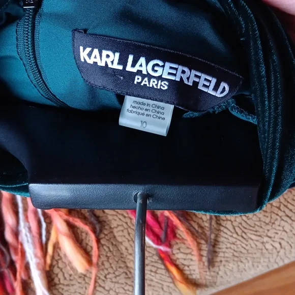 Karl Lagerfeld Velvet Blouson A-Line Dress In Forest Green - Picture 8 of 10